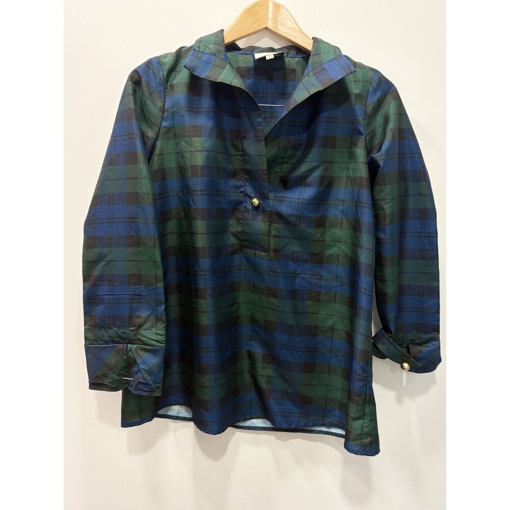 Tuckernuck Womens Black Watch Plaid V-Neck Tunic Top Green Navy Blue Size XS